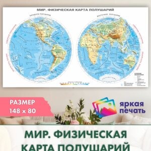 Карта полушарий мира, 148×80 см